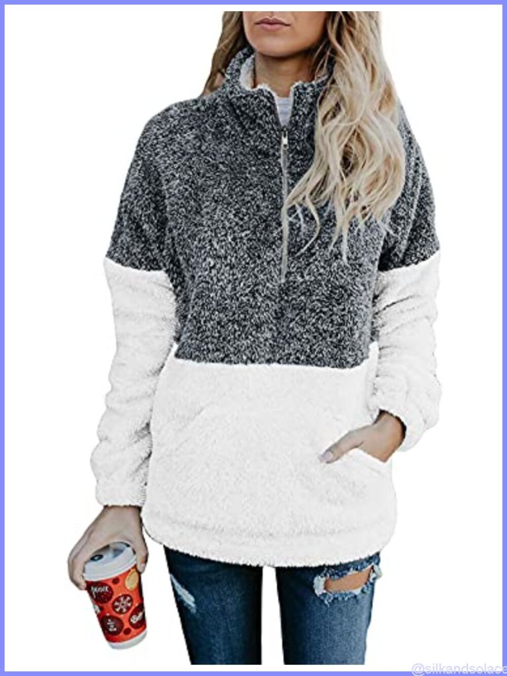 Sherpa Quarter Zip Pullover Sweatshirt Long Sleeve Kangaroo Pocket Loose Fit